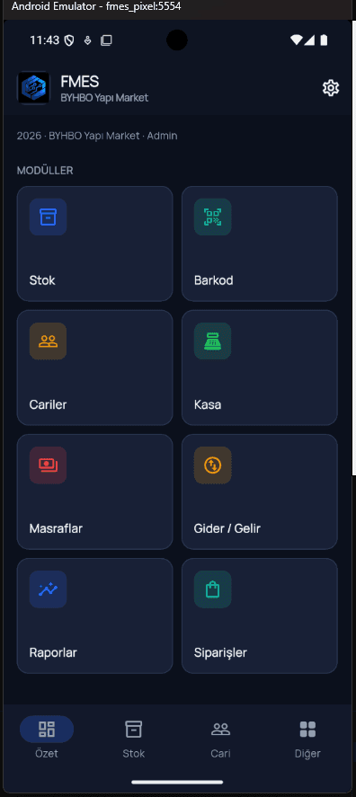 FMES Android ana ekranında Stok, Barkod, Cariler, Kasa, Masraflar, Gider Gelir, Raporlar ve Siparişler modülleri