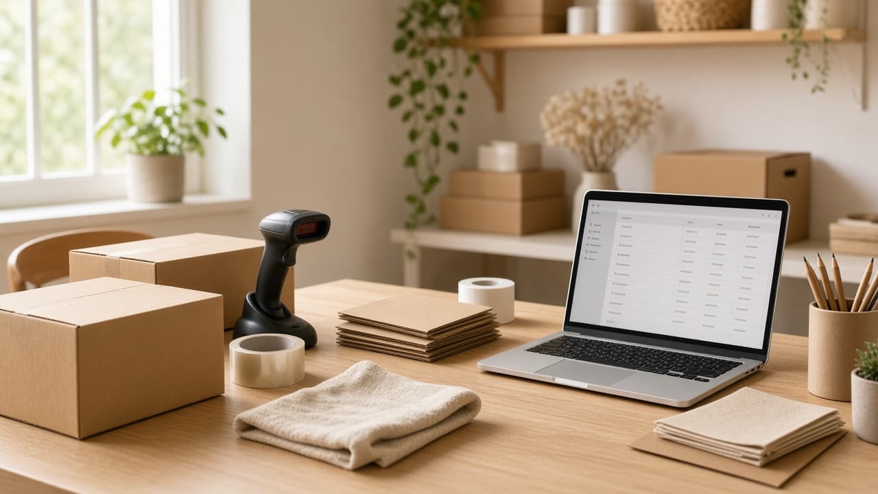 Kargo kutusu, barkod ve sipariş listesi ile e-ticaret hazırlığı